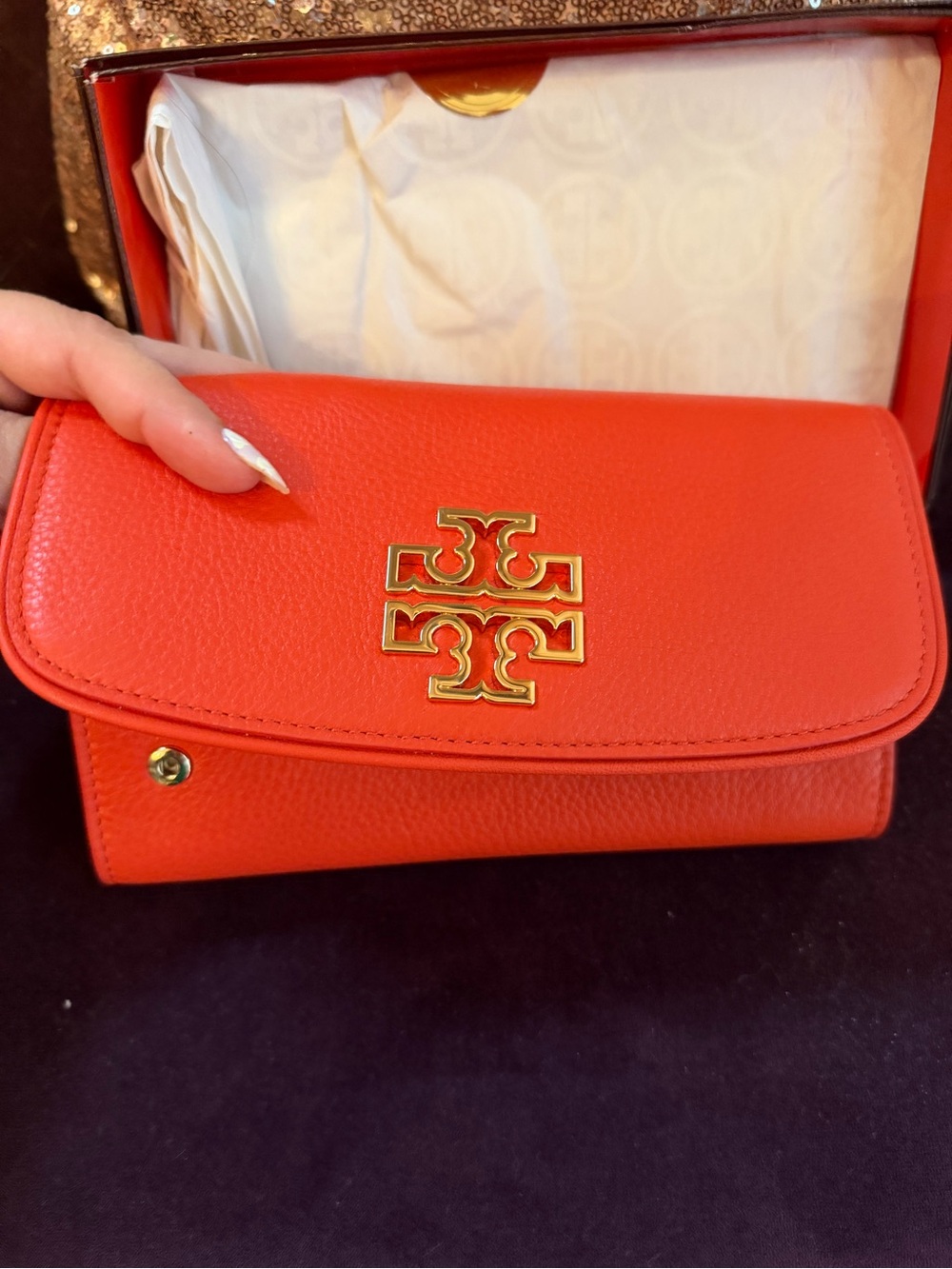 Tory Burch Coral-Red/Orange Leather Wallet with Gold Logo
